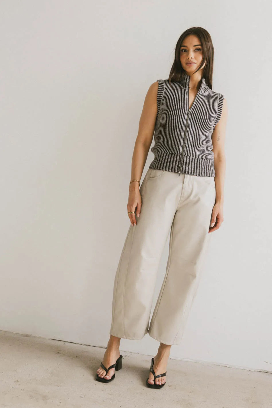 Langston Vegan Leather Barrel Jeans in Sand - FINAL SALE