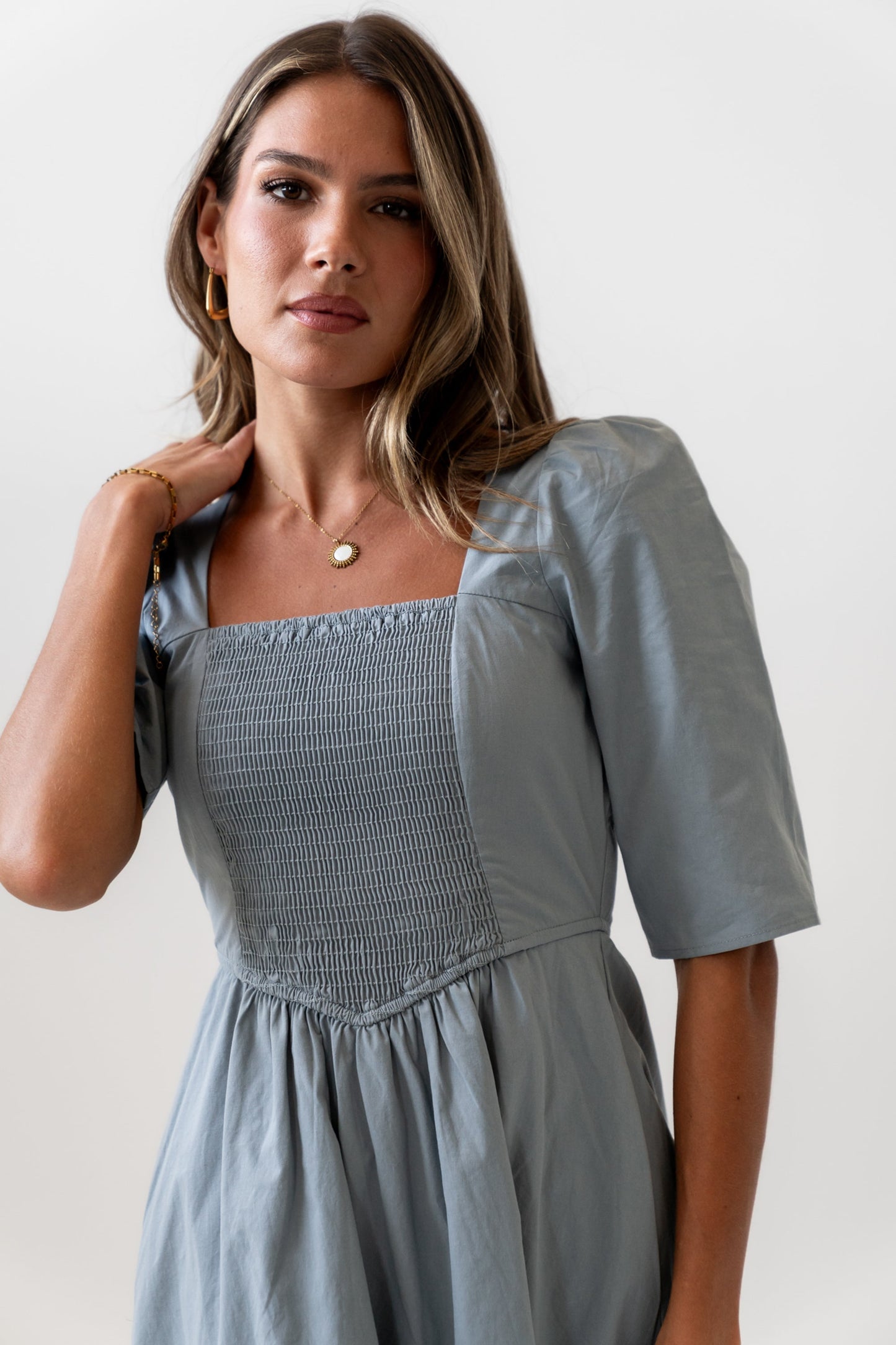 Paisley Smocked Midi Dress in Slate Blue - FINAL SALE