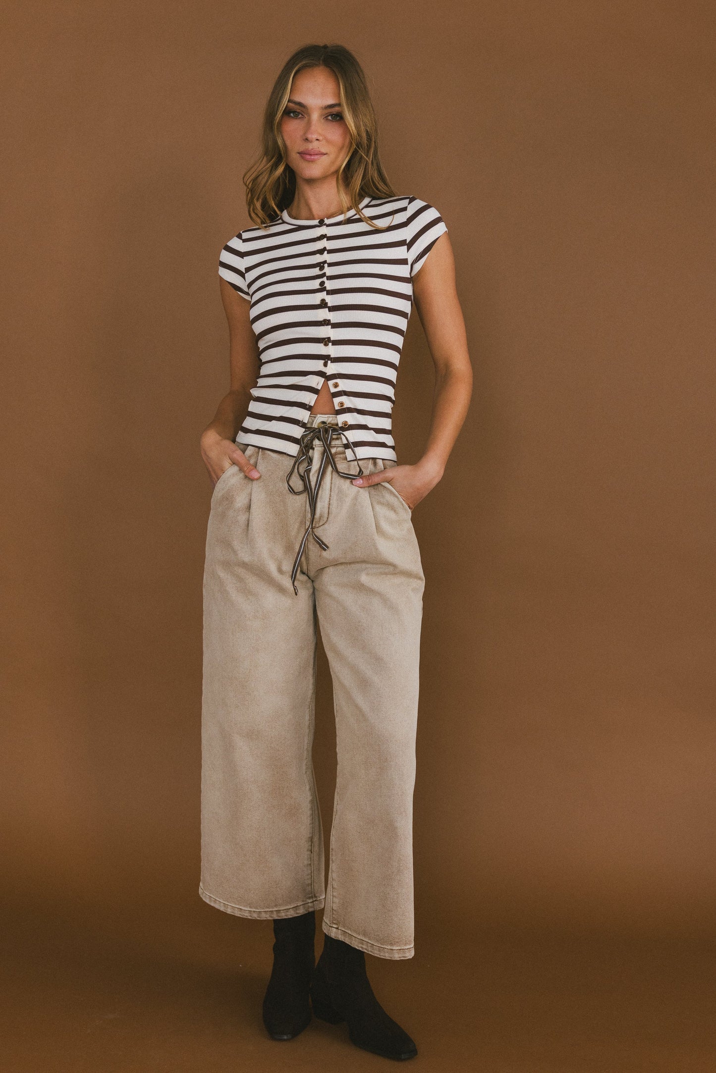 Vestia Striped Button Up Tee in Brown