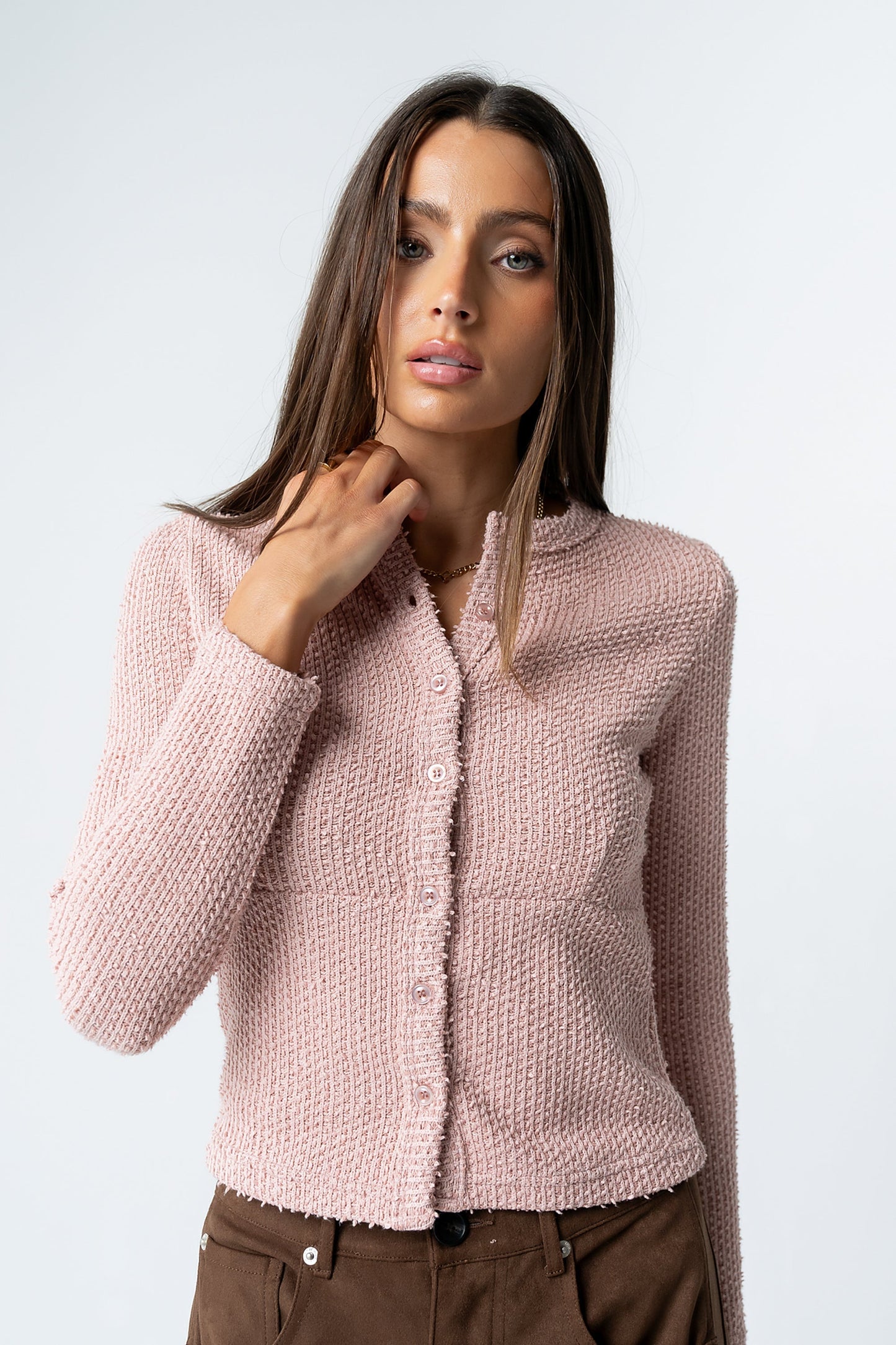 Mindy Button Front Sweater in Pink