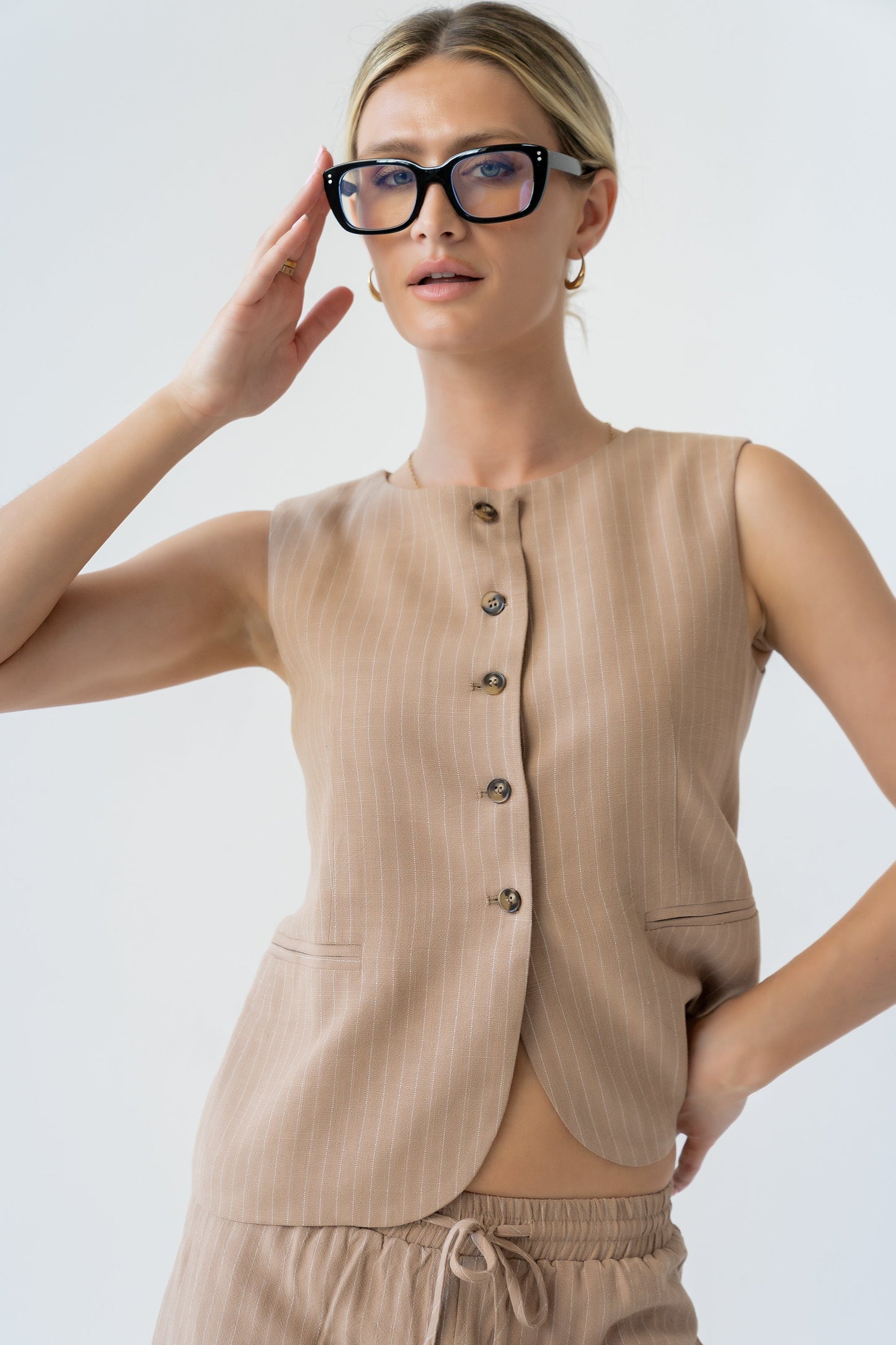 Vivienne Pinstripe Sleeveless Vest in Tan