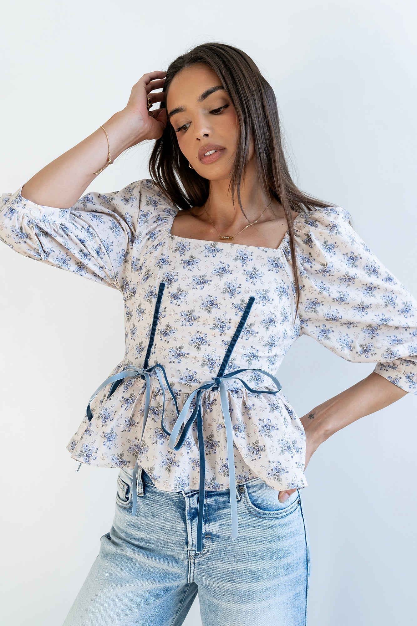 Jerzey Floral Peplum Blouse in Ecru