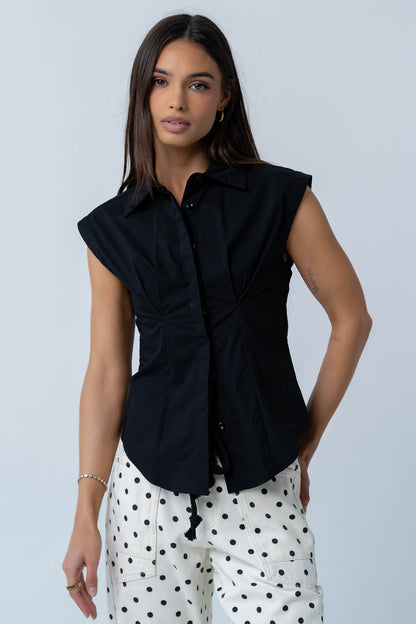 Remi Pleated Button Up in Black
