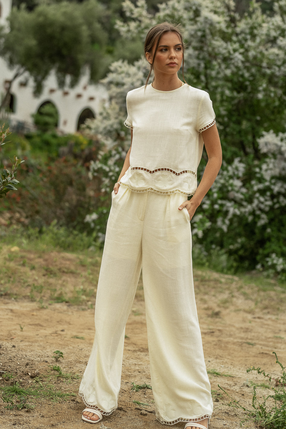 Katniss Embroidered Pants in Cream - FINAL SALE