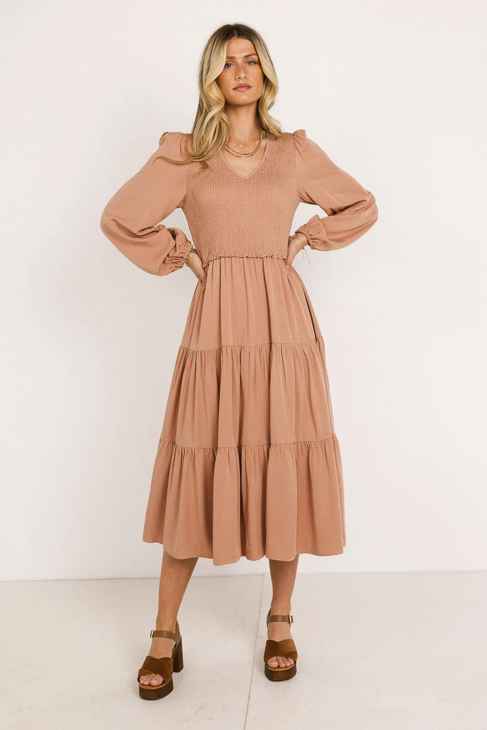 Smocked Tiered Midi Dress in Pink - FINAL SALE
