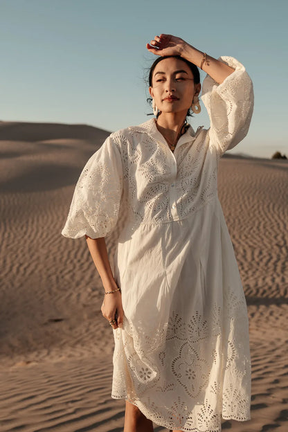 Eleanor Eyelet Lace Midi Dress in Cream - FINAL SALE