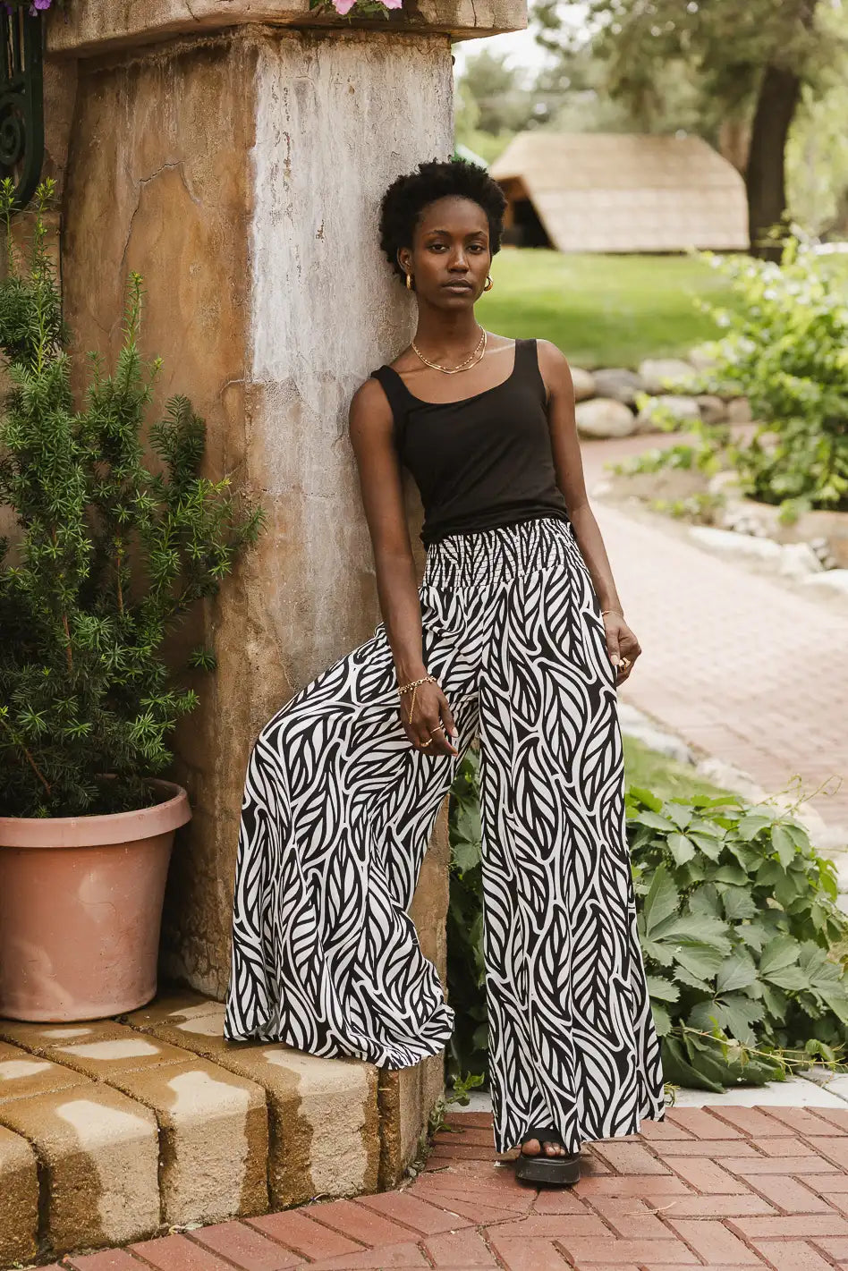 Petra Abstract Smocked Pants in Black - FINAL SALE