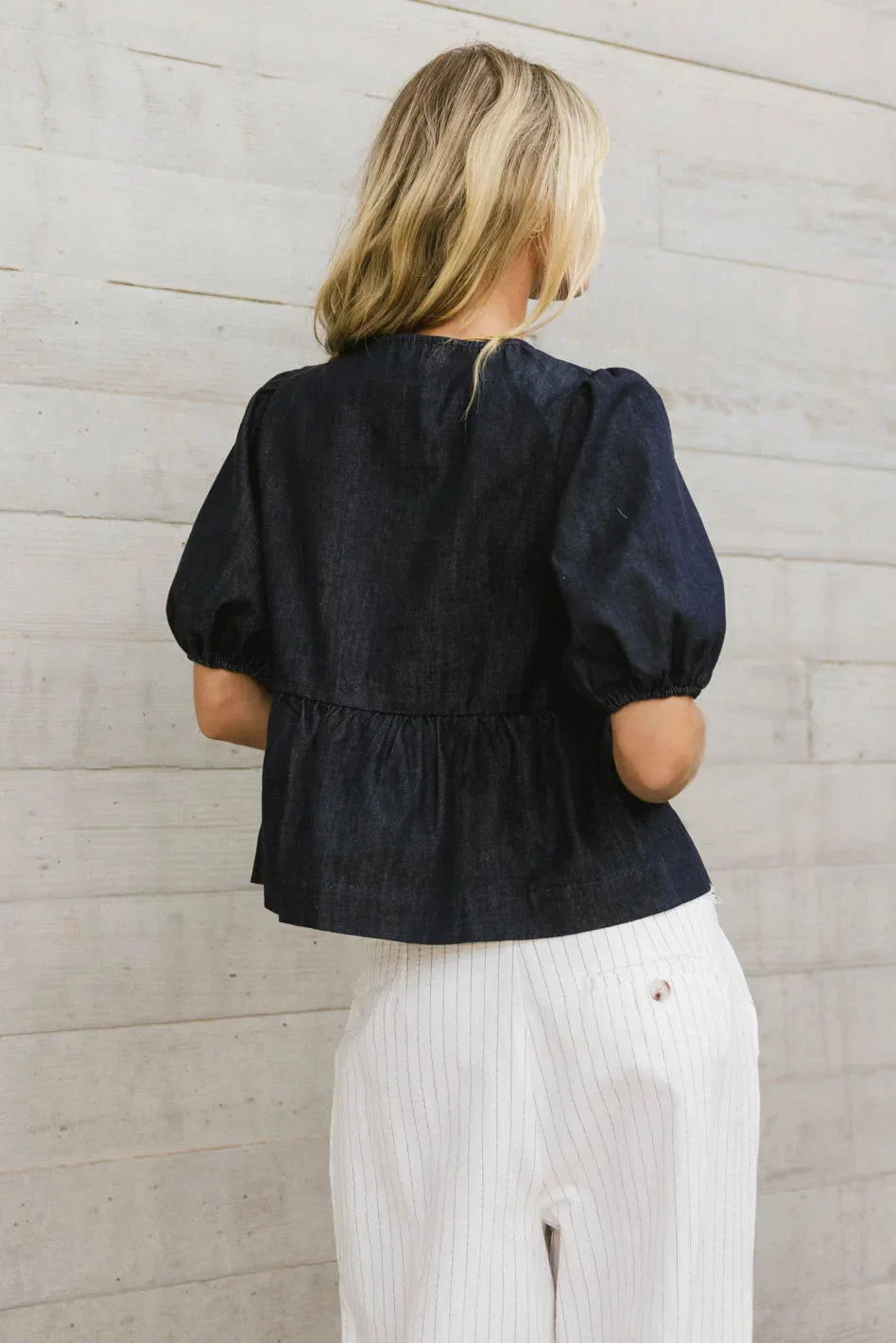 Natalia Peplum Tie Blouse in Dark Wash - FINAL SALE