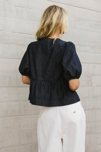 Natalia Peplum Tie Blouse in Dark Wash - FINAL SALE