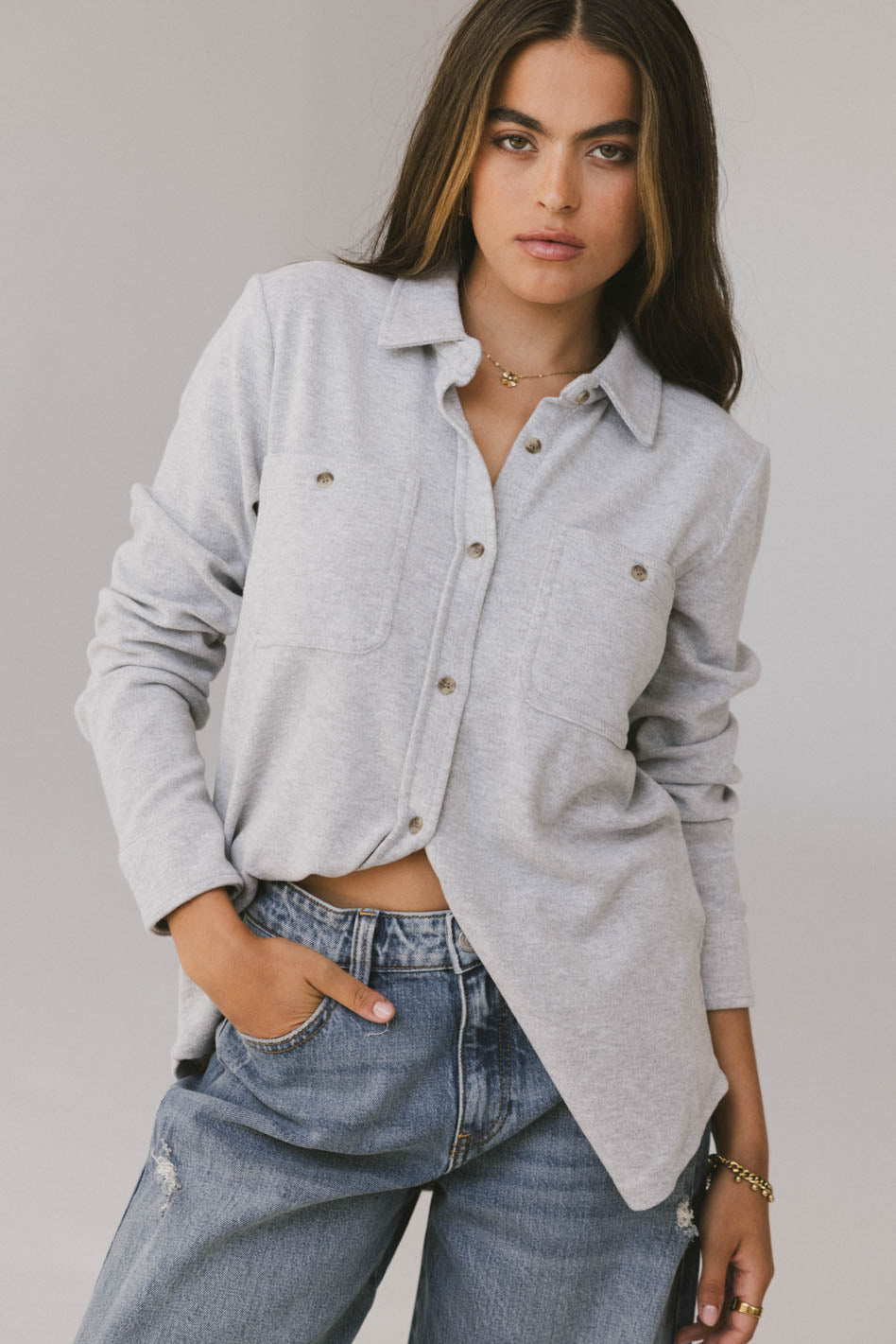 Mada Fleece Button Up in Grey - FINAL SALE