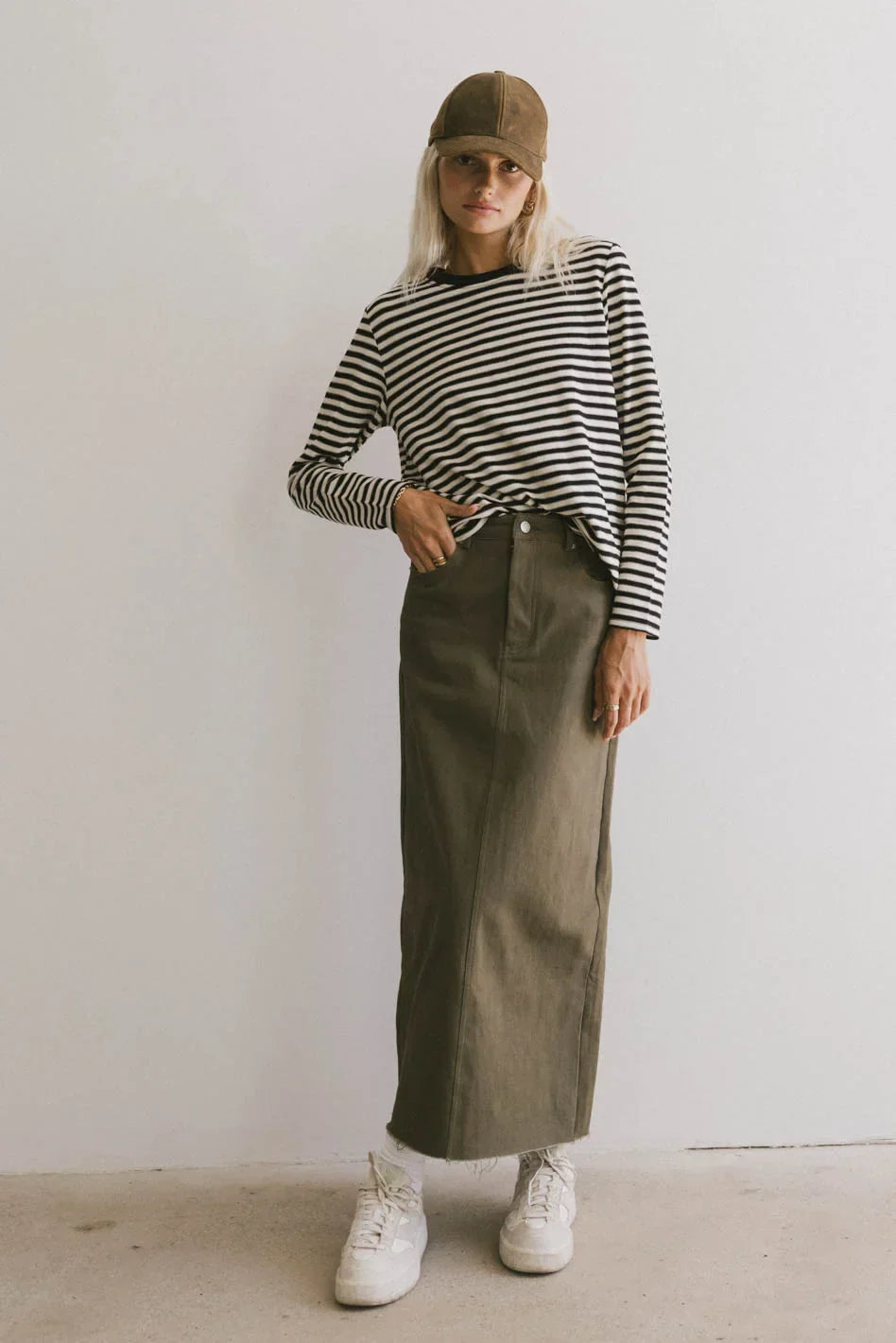 Rylie Denim Maxi Skirt in Olive - FINAL SALE