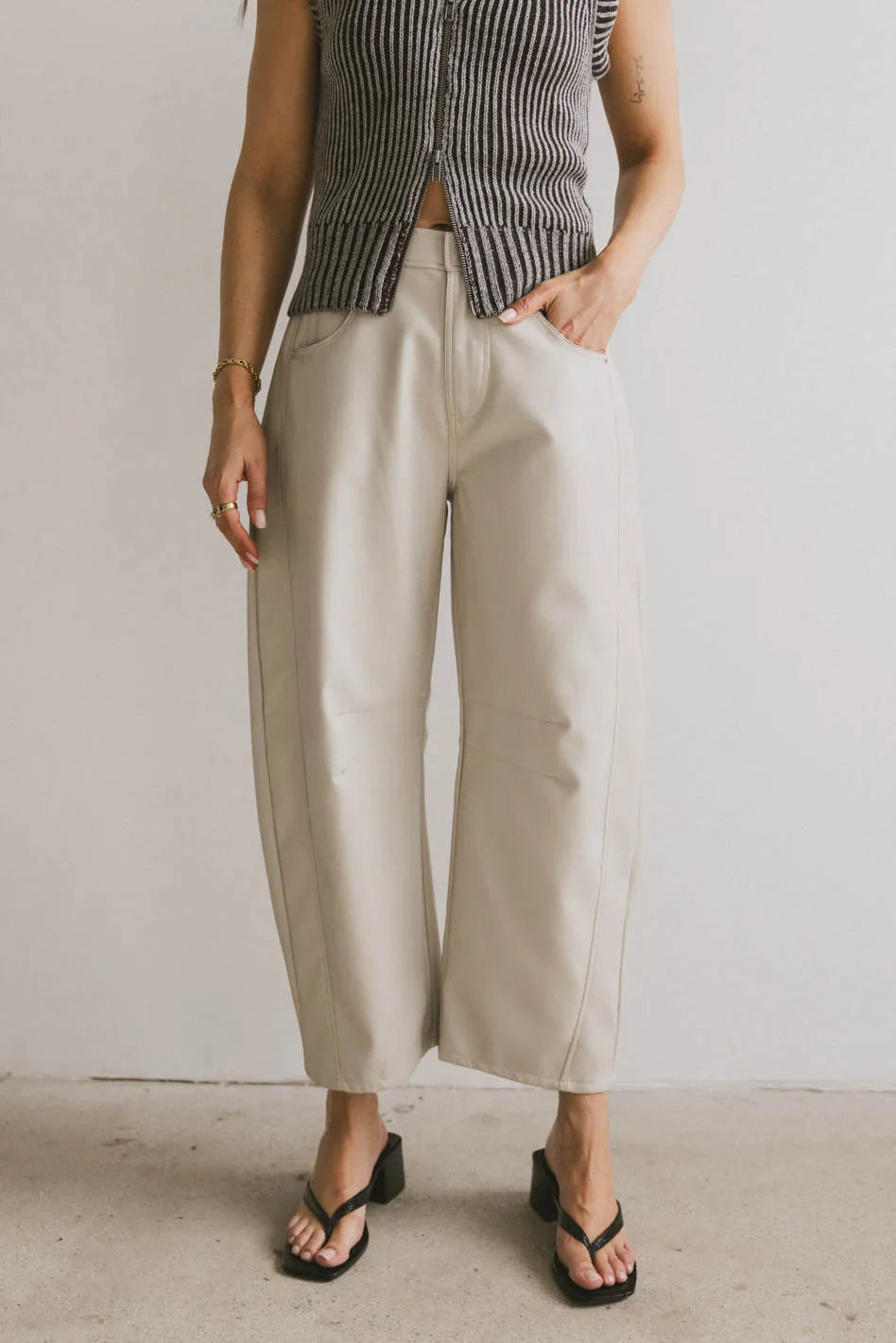 Langston Vegan Leather Barrel Jeans in Sand - FINAL SALE