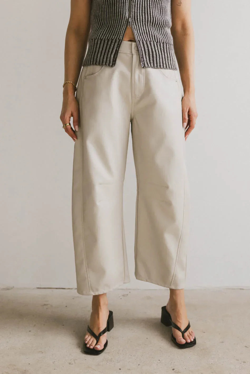 Langston Vegan Leather Barrel Jeans in Sand - FINAL SALE