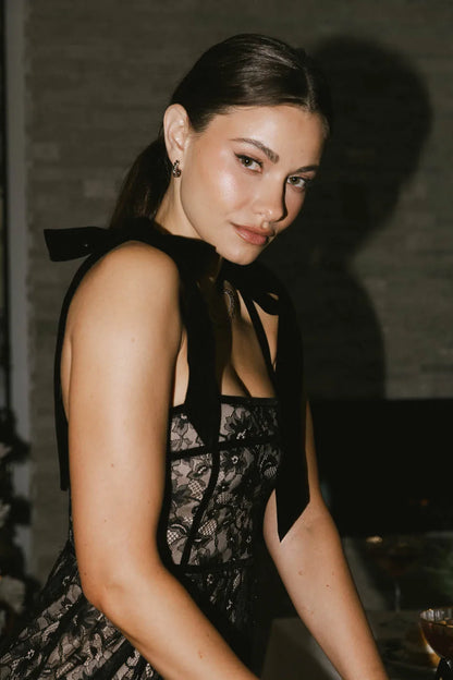 Zinnia Lace Floral Tie Strap Dress in Black - FINAL SALE