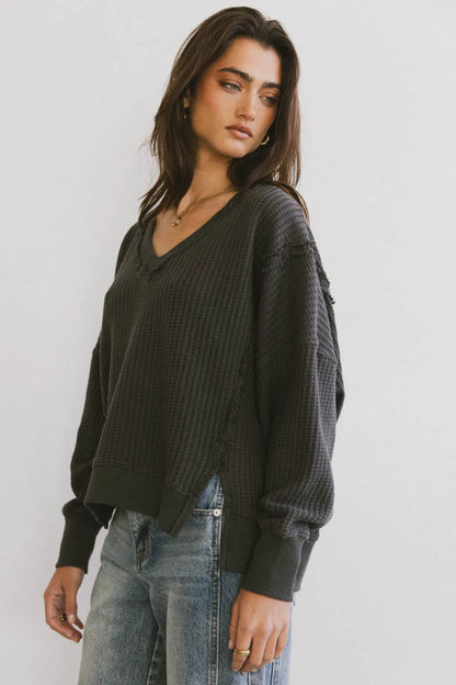 Ellis Waffle Knit Top in Charcoal - FINAL SALE