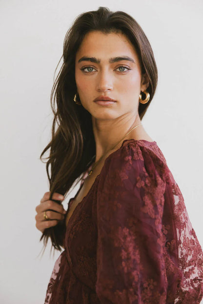 Tiana Embroidered Mini Dress in Red-Brown - FINAL SALE