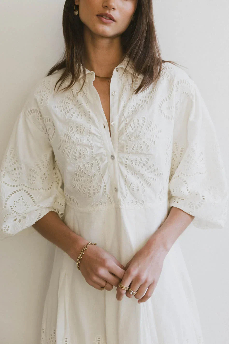 Eleanor Eyelet Lace Midi Dress in Cream - FINAL SALE