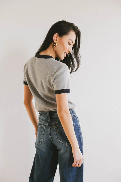 Maddie Ringer Sweater Top in Grey