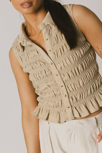 Russel Smocked Button Up in Taupe - FINAL SALE