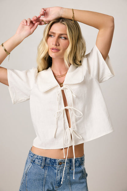 Ethan Tie Front Blouse in White - FINAL SALE