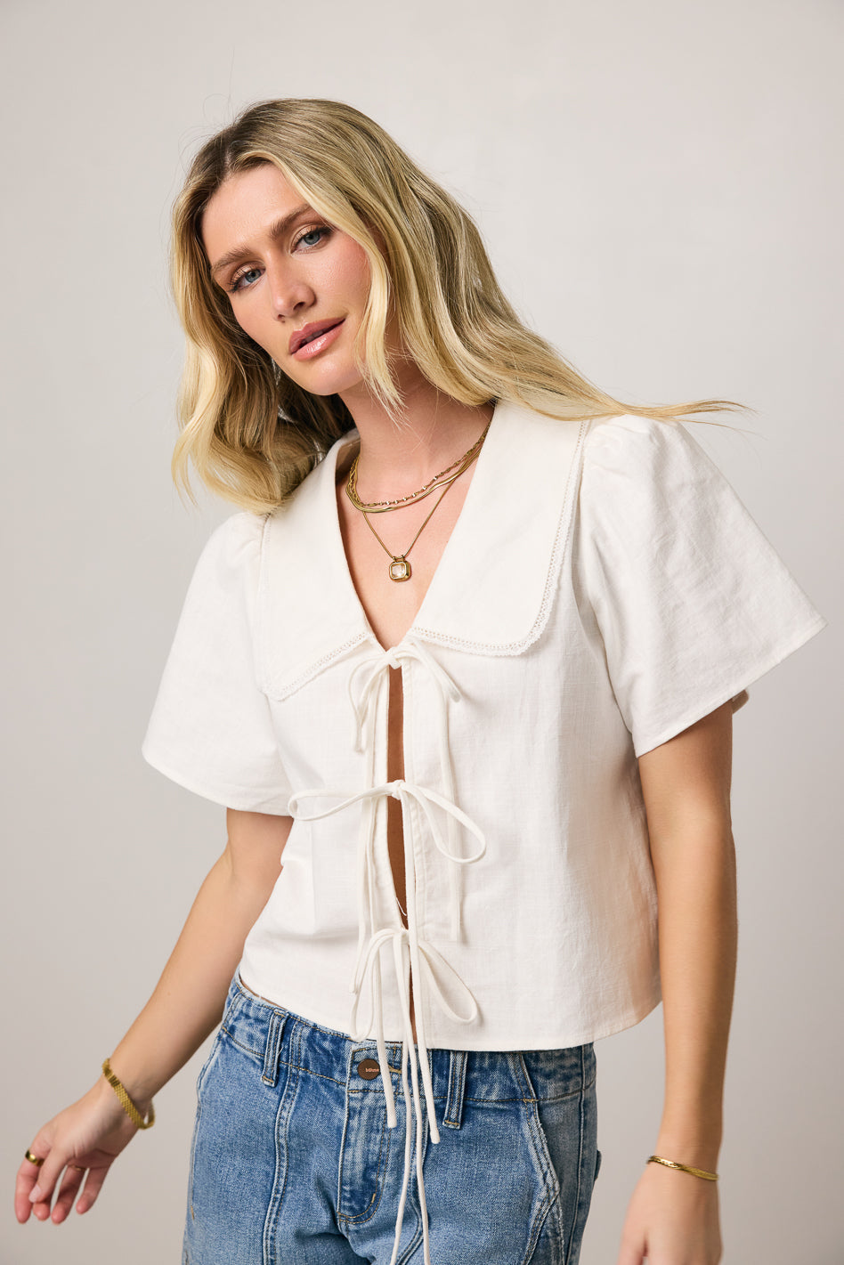 Ethan Tie Front Blouse in White - FINAL SALE