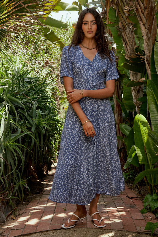 Ember Floral Midi Dress in Blue