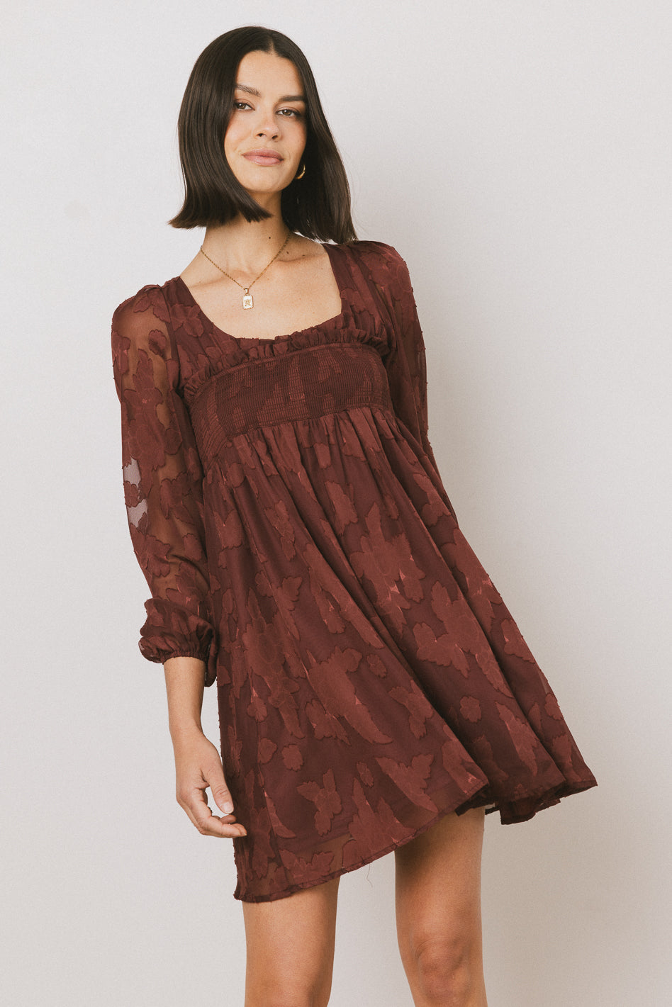Miles Smocked Mini Dress in Red-Brown - FINAL SALE