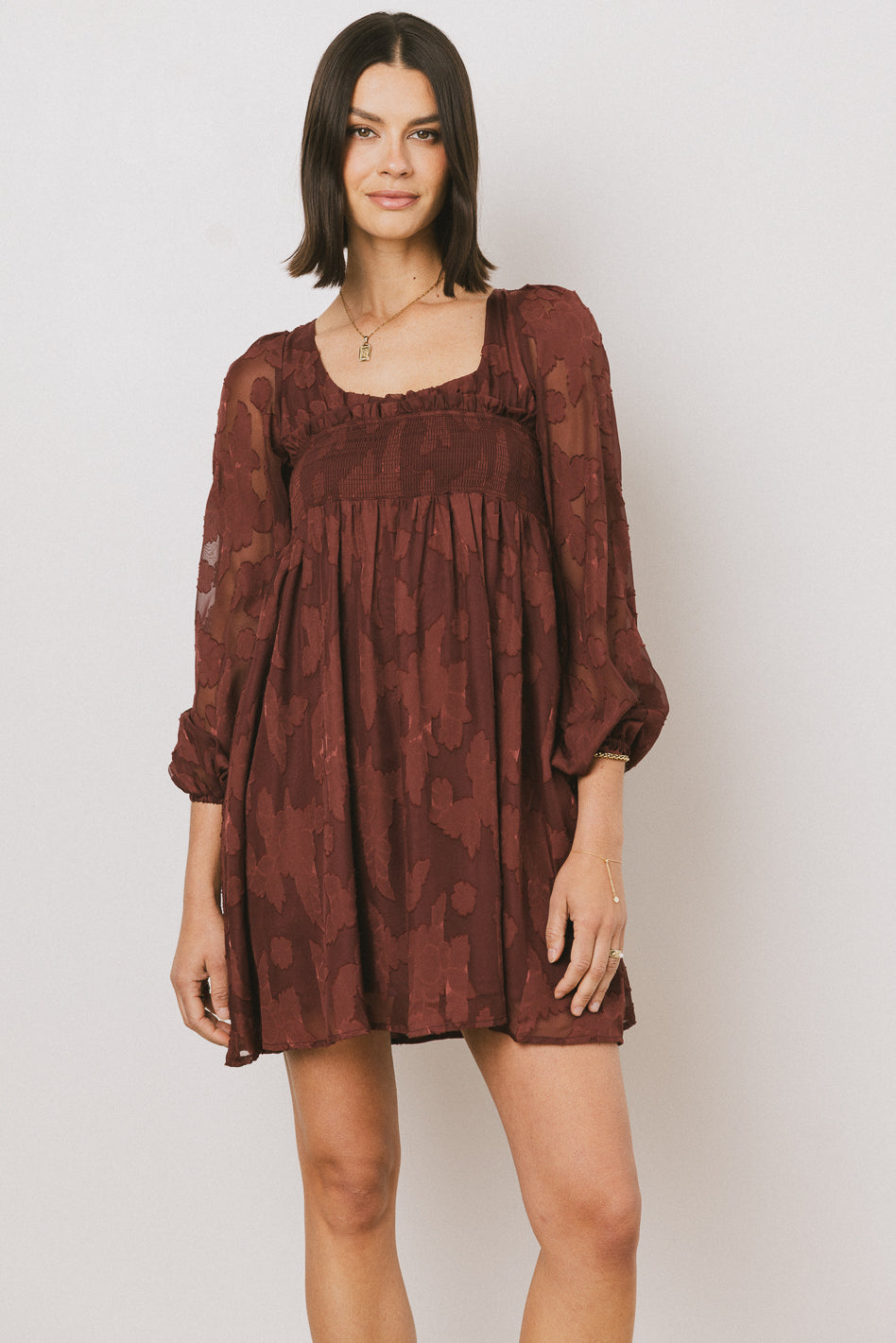 Miles Smocked Mini Dress in Red-Brown - FINAL SALE