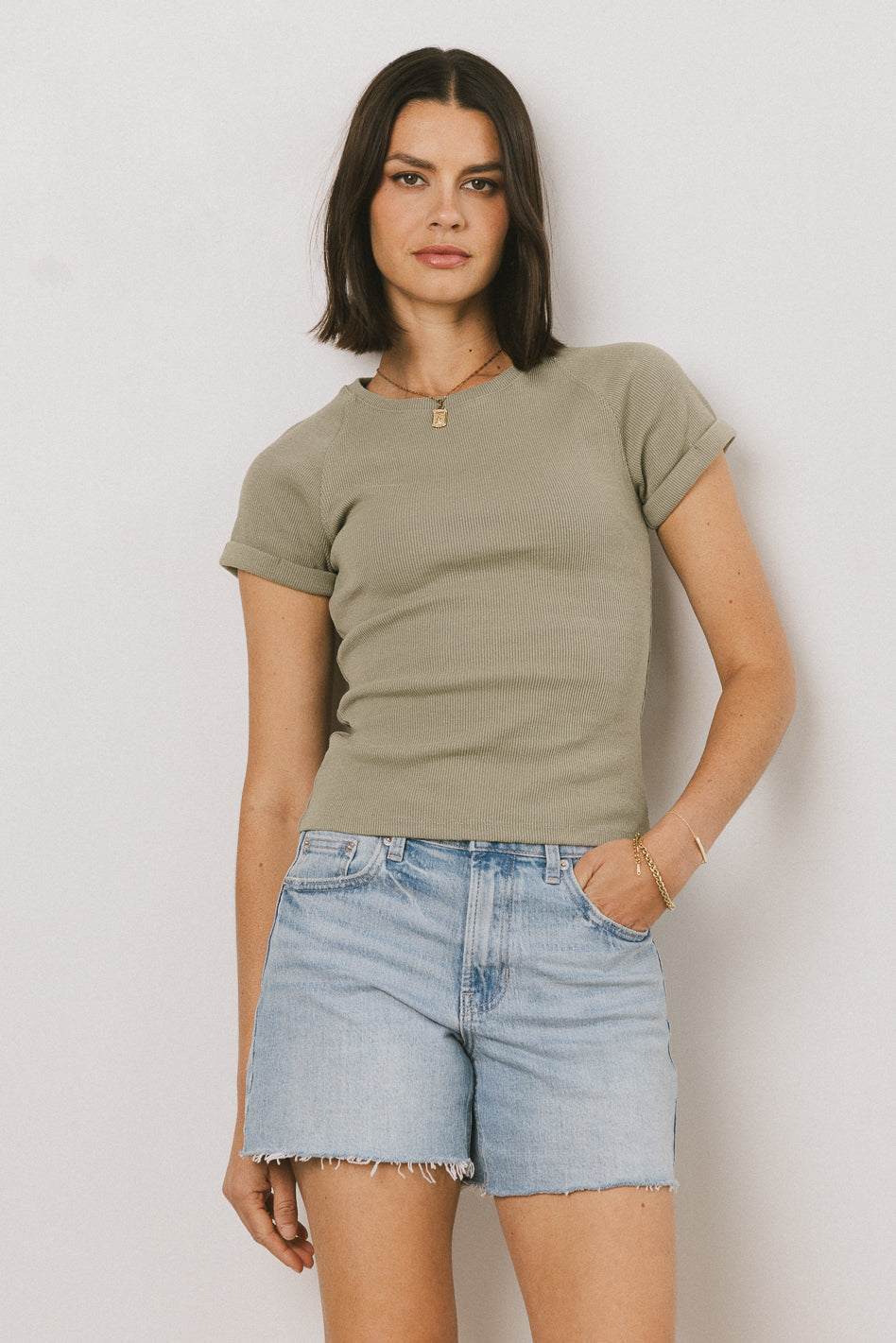 Kammie Ribbed Basic Tee in Sage - FINAL SALE
