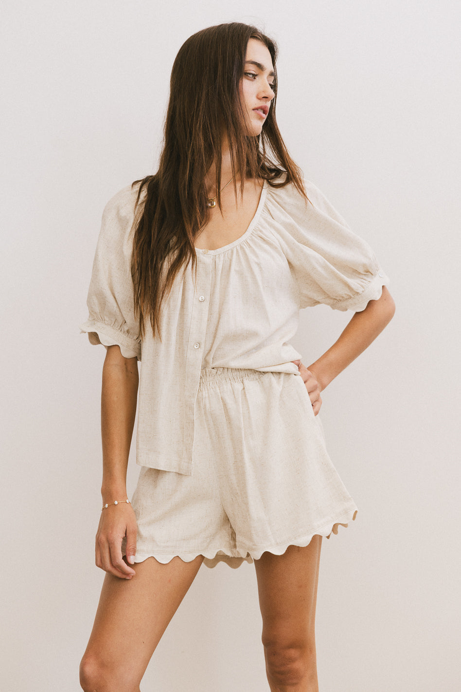 Owen Scalloped Shorts in Oatmeal - FINAL SALE
