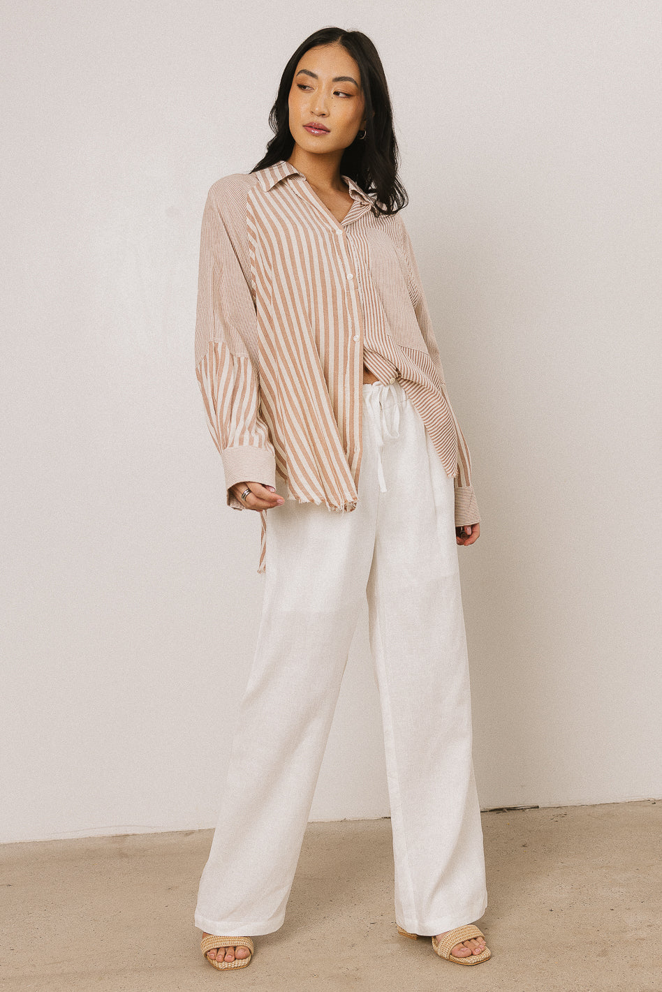 Gia Striped Button Up in Taupe - FINAL SALE