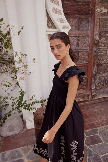 Lane Embroidered Midi Dress in Black - FINAL SALE