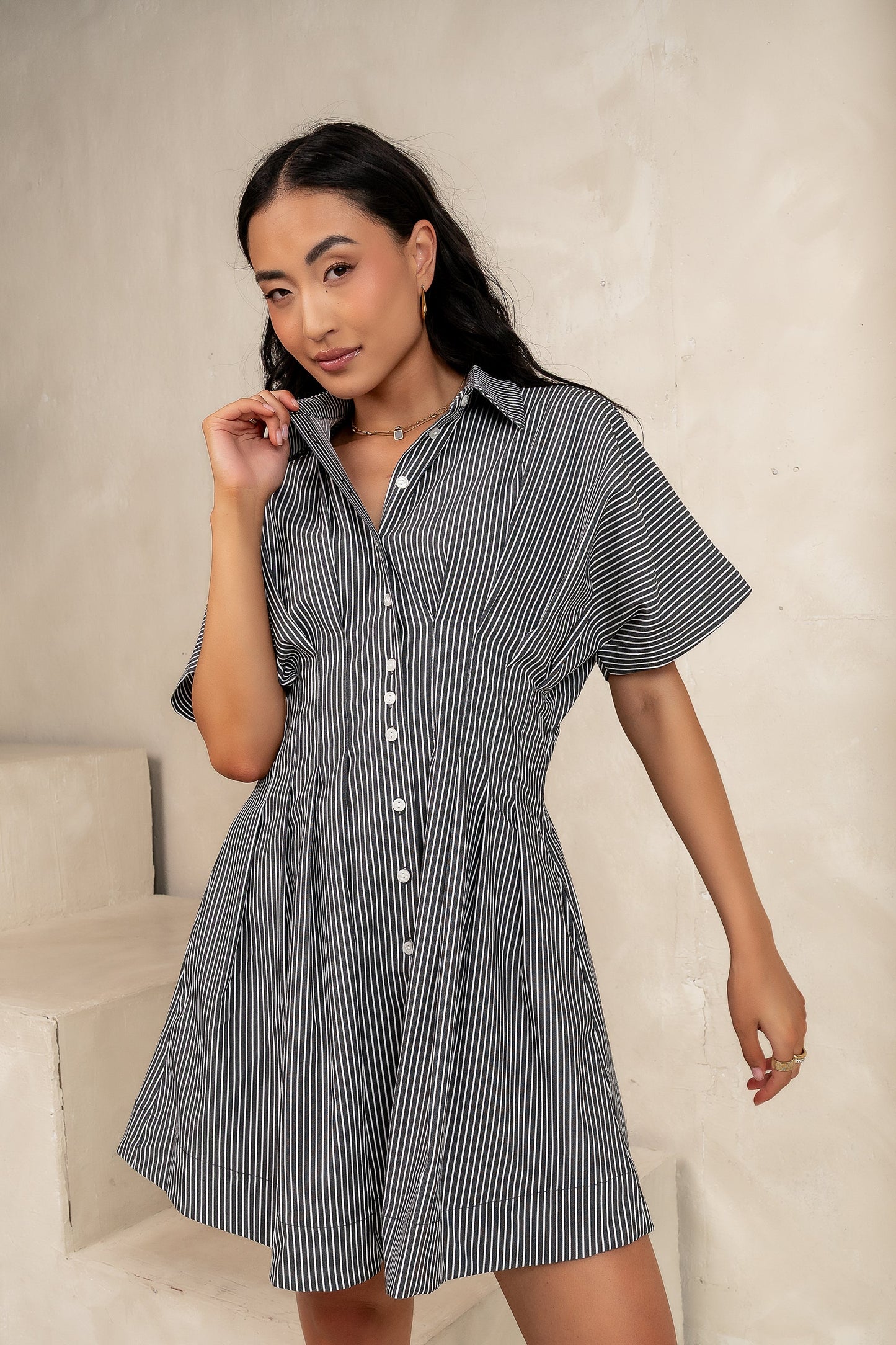 Erica Button Front Mini Dress in Grey - FINAL SALE