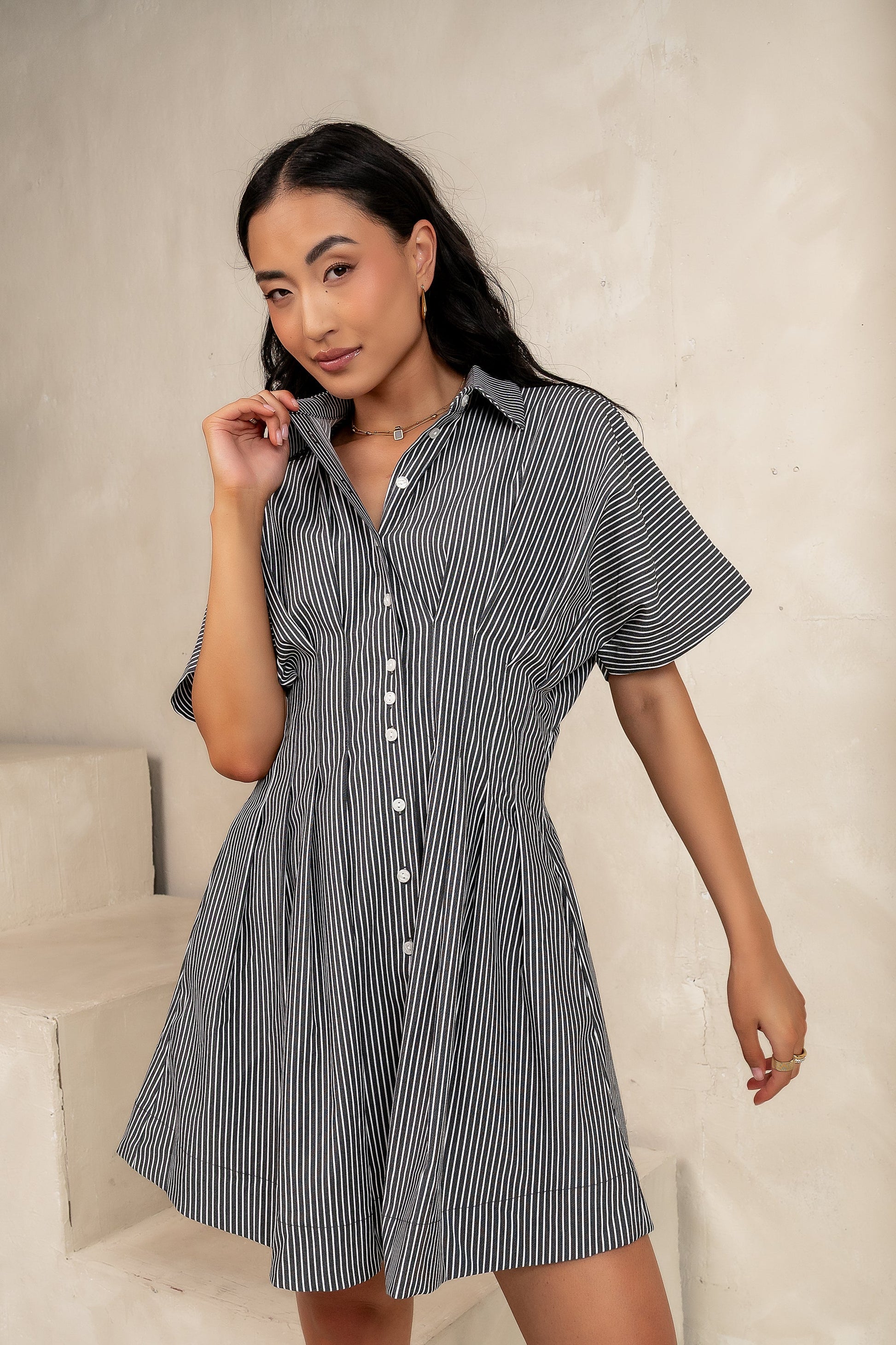 Erica Button Front Mini Dress in Grey - FINAL SALE