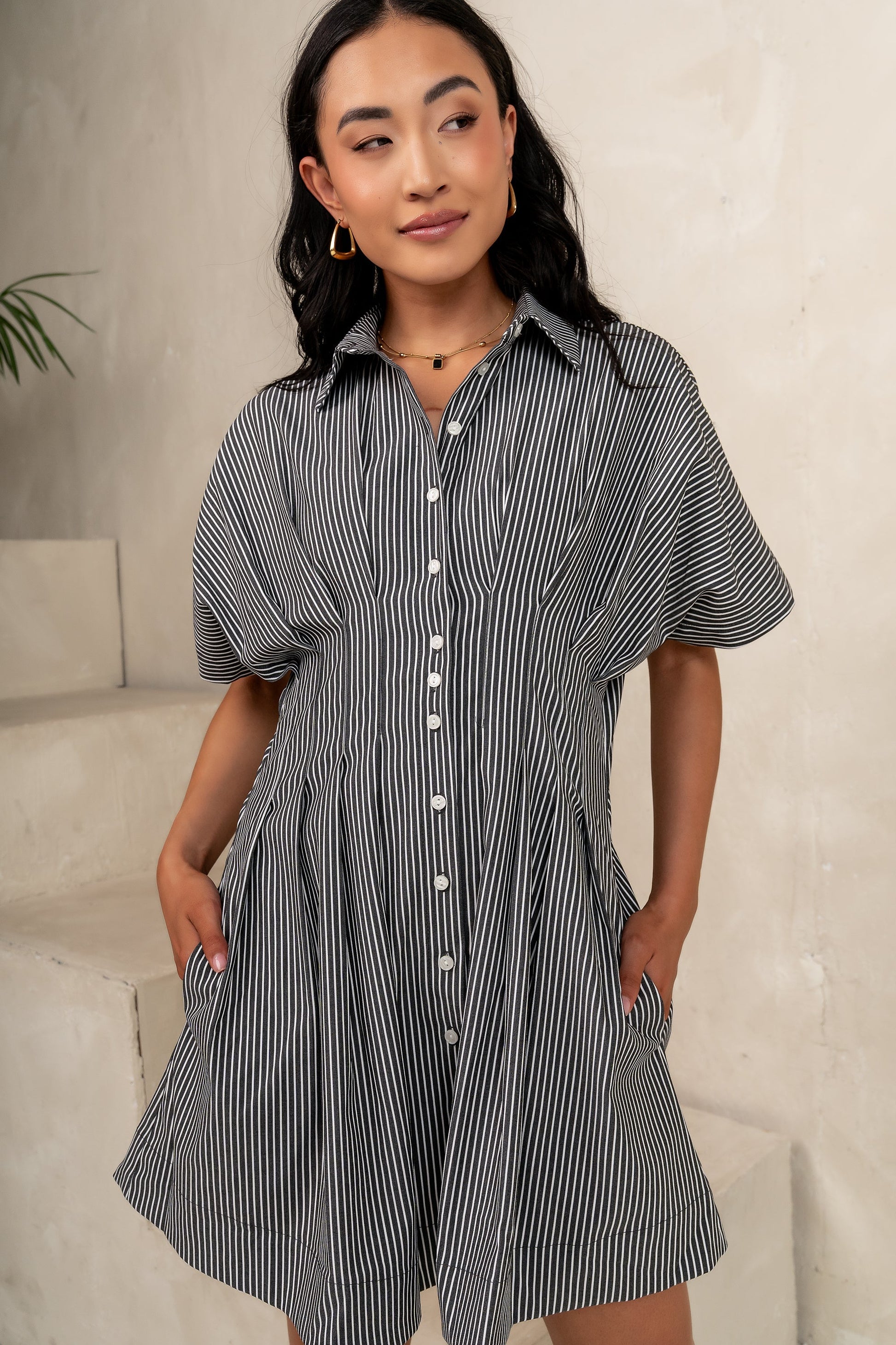 Erica Button Front Mini Dress in Grey - FINAL SALE