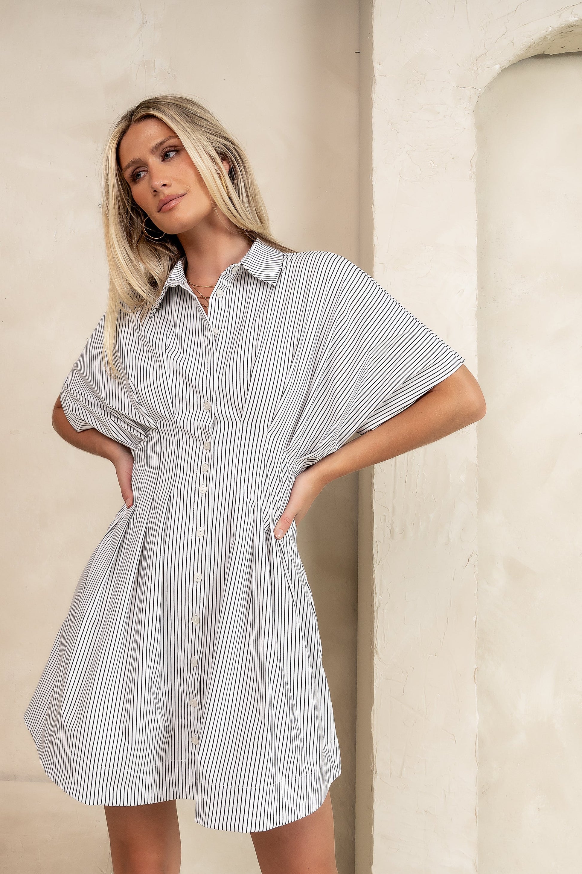 Erica Button Front Mini Dress in White - FINAL SALE