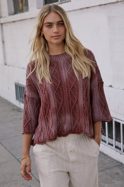 Raegan Cable Knit Sweater in Burgundy - FINAL SALE