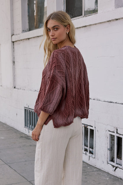 Raegan Cable Knit Sweater in Burgundy - FINAL SALE