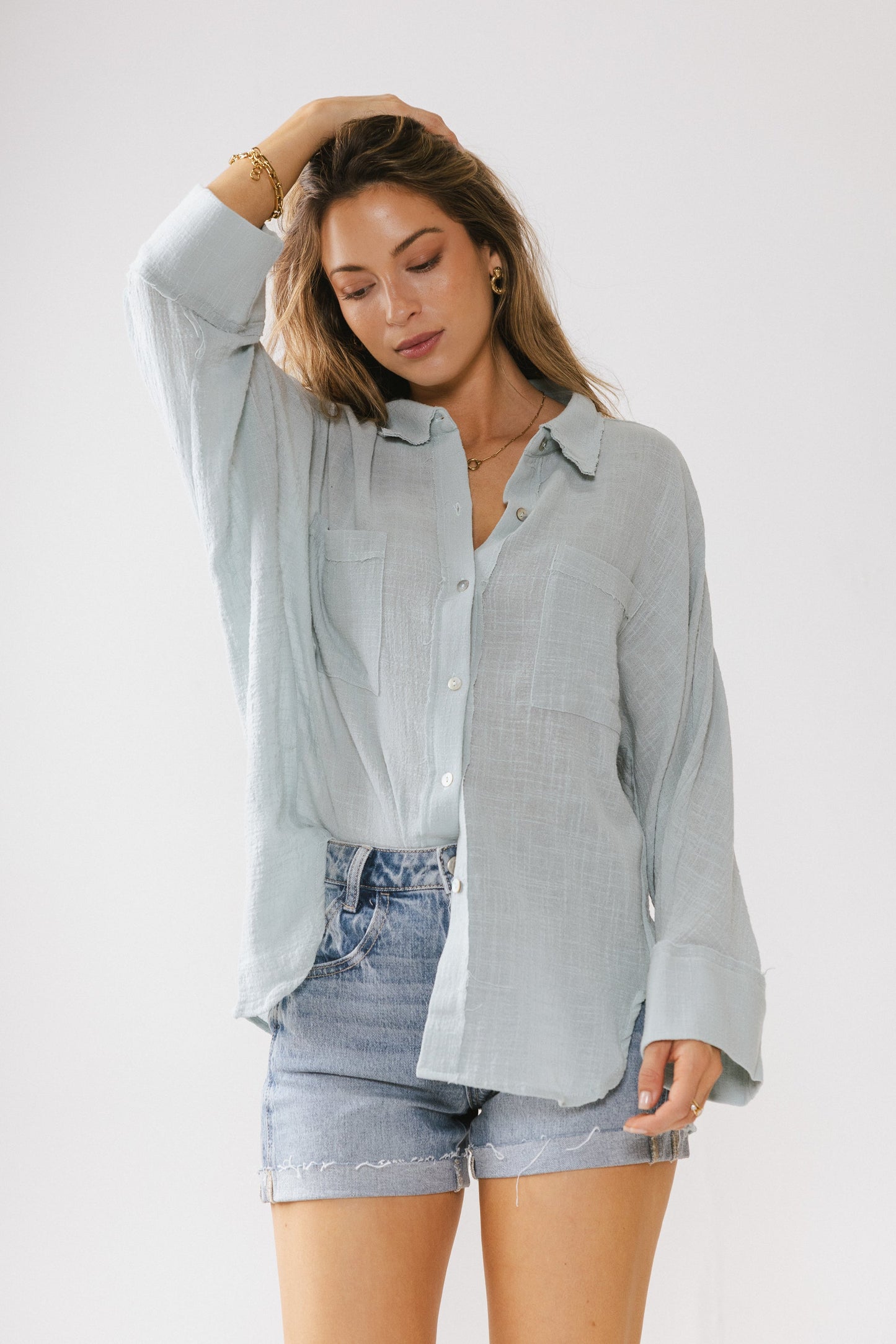 Lucie Linen Button Up in Blue - FINAL SALE