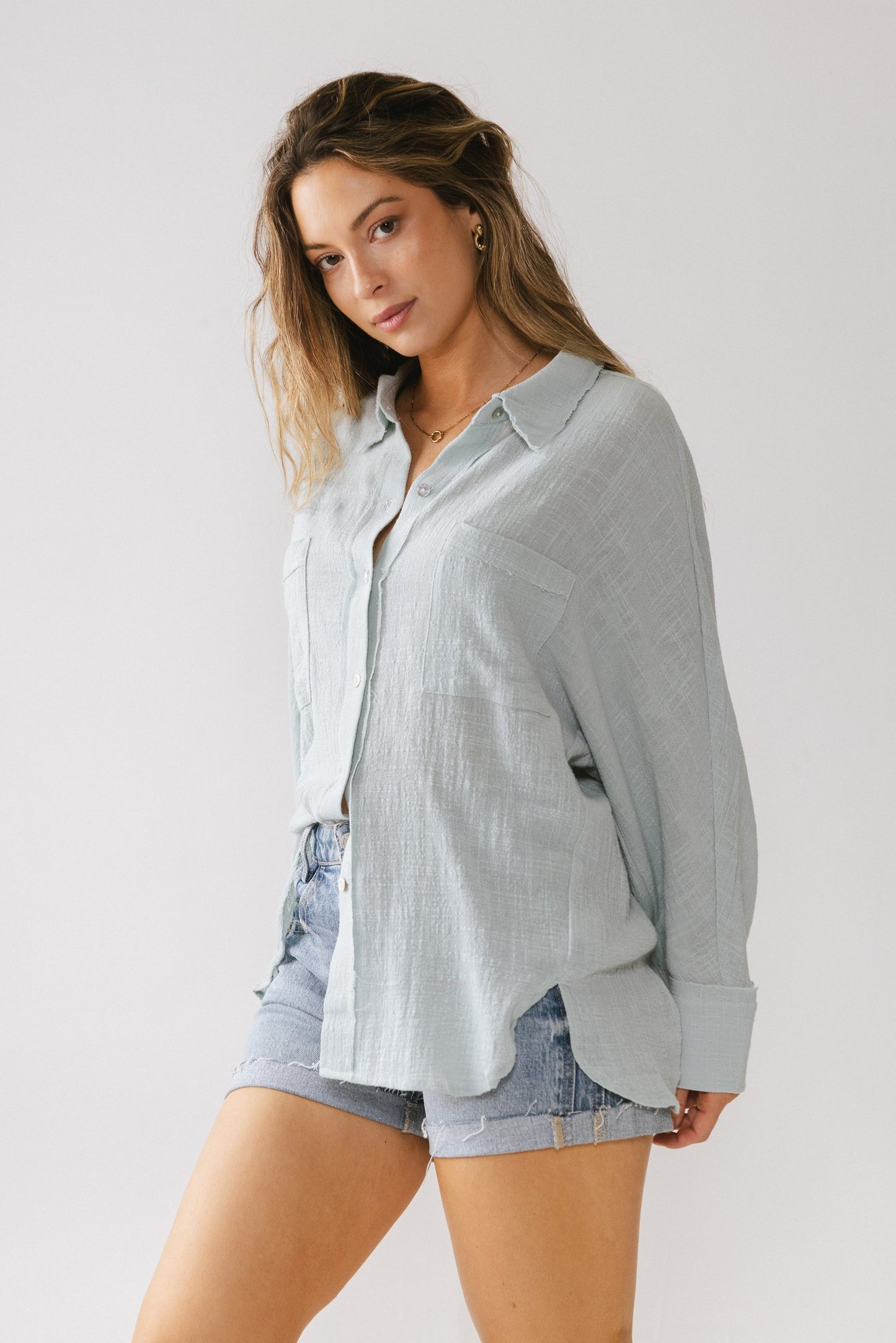 Lucie Linen Button Up in Blue - FINAL SALE