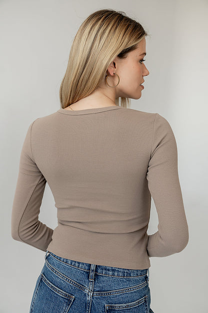 Mia Button Up Top in Taupe - FINAL SALE