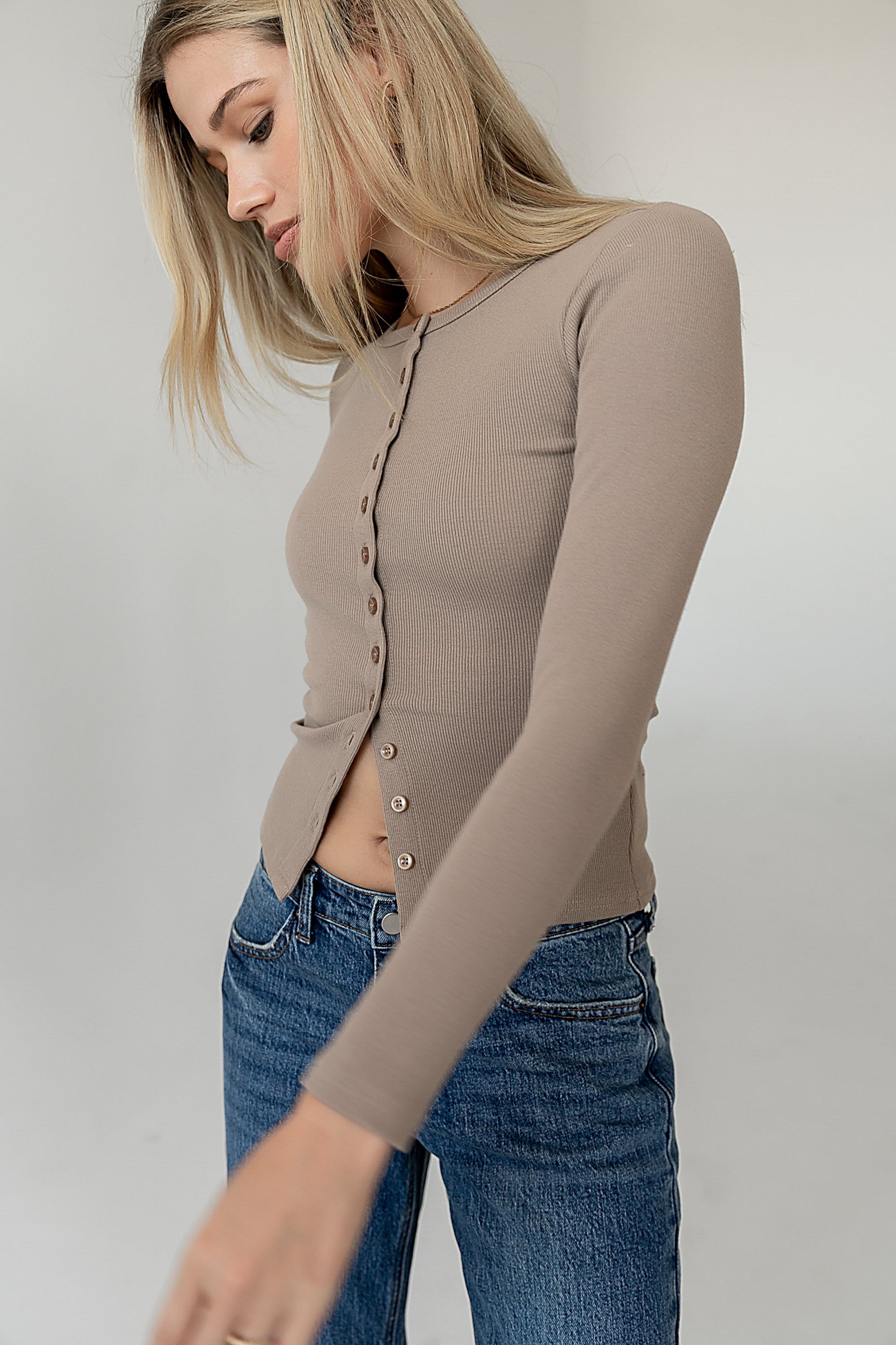 Mia Button Up Top in Taupe - FINAL SALE