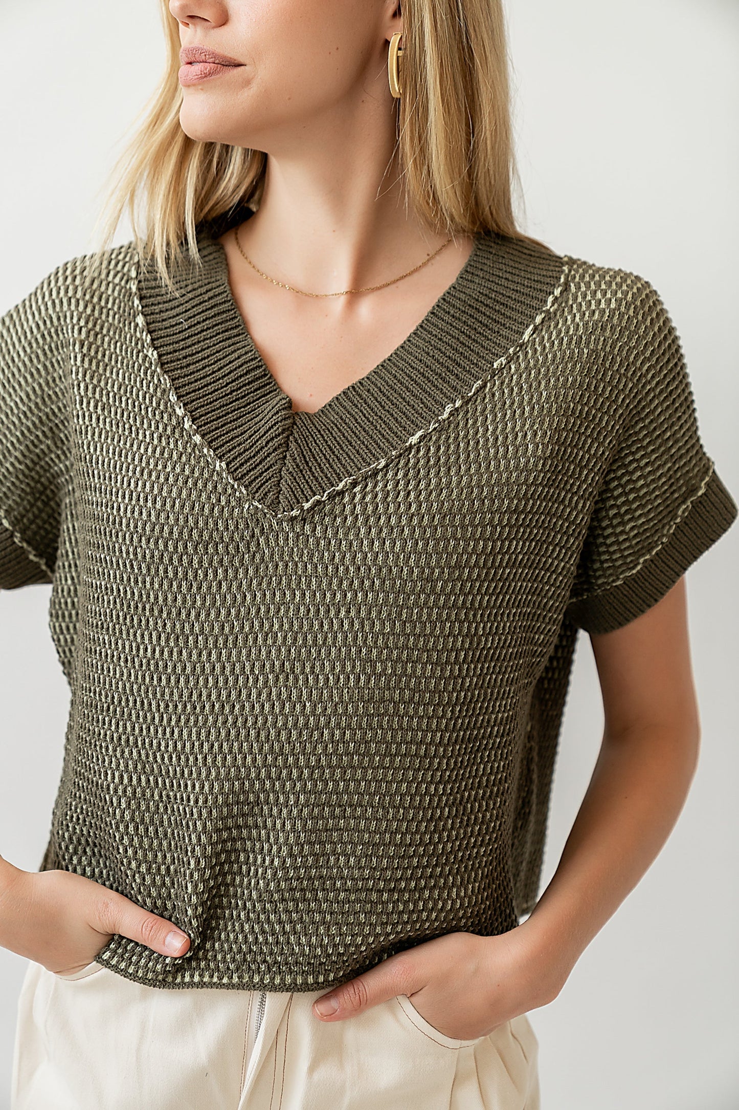 Saige Contrast Sweater in Olive - FINAL SALE