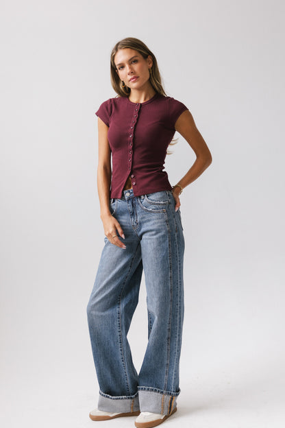 Vestia Button Up Tee in Burgundy