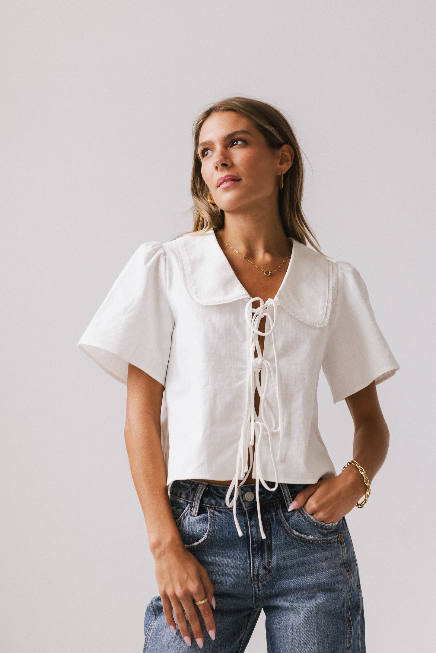 Ethan Tie Front Blouse in White - FINAL SALE