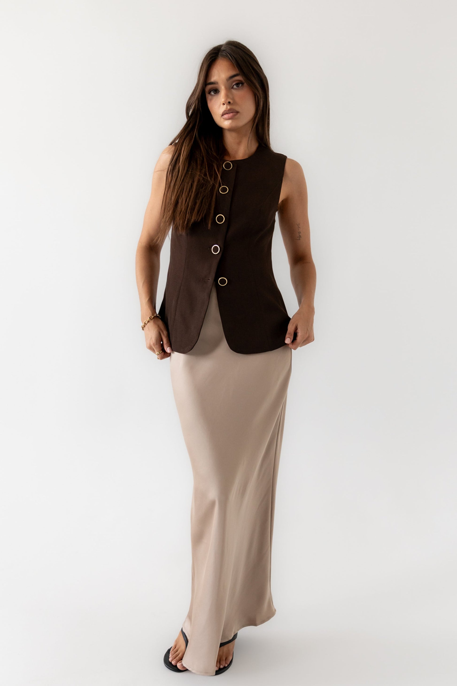 Robbin Satin Maxi Skirt in Tan - FINAL SALE