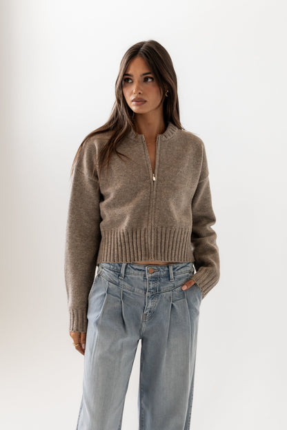 Kelly Knit Bomber Jacket in Taupe - FINAL SALE