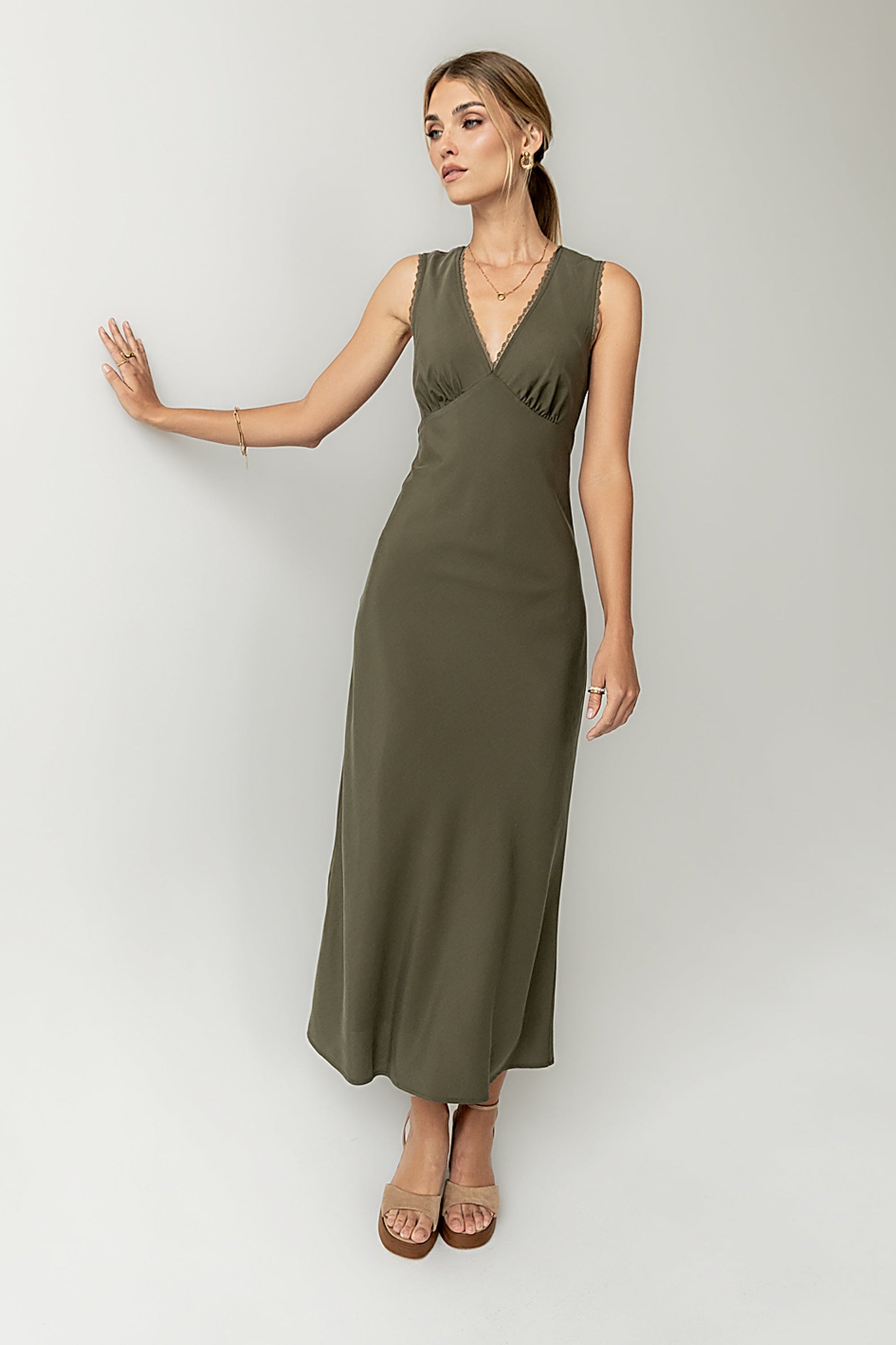 Hailey Lace Trim Maxi Dress in Olive - FINAL SALE