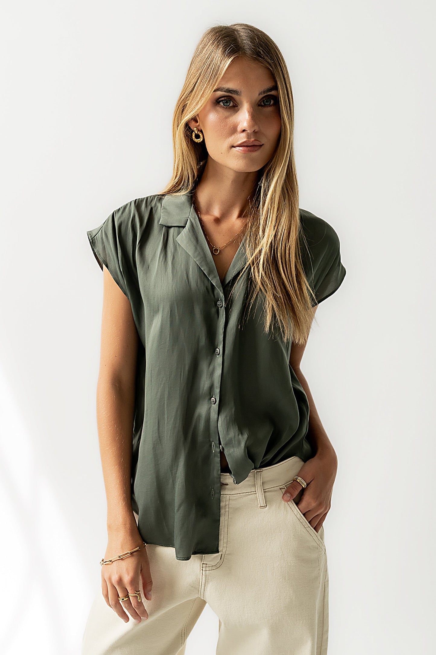 Poppy Collared Blouse in Green - FINAL SALE