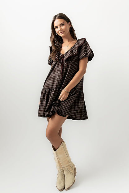 Tony Gingham Baby Doll Dress in Brown - FINAL SALE